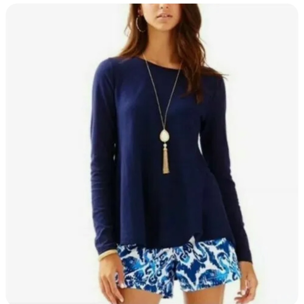 LILLY PULITZER Womens M Long
Sleeve Knit Ingle Sweater Tunic Navy Flared Hem